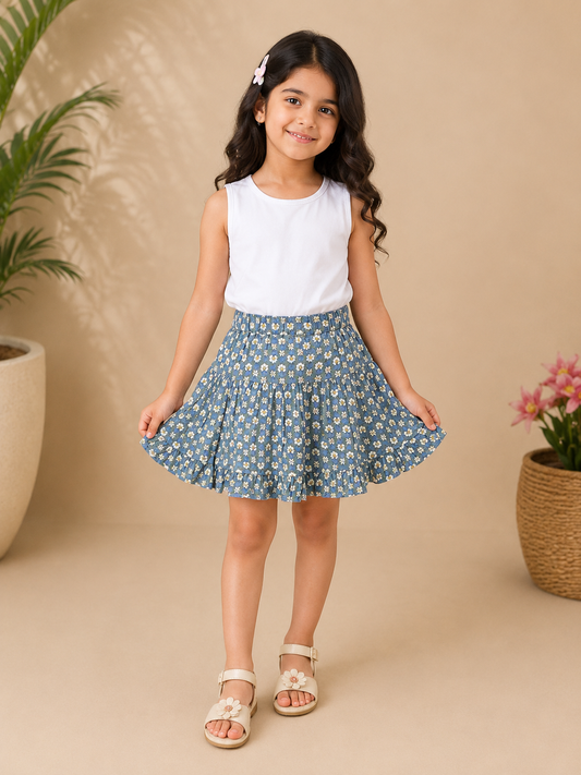 Girls Floral Printed Tiered Mini Skirt