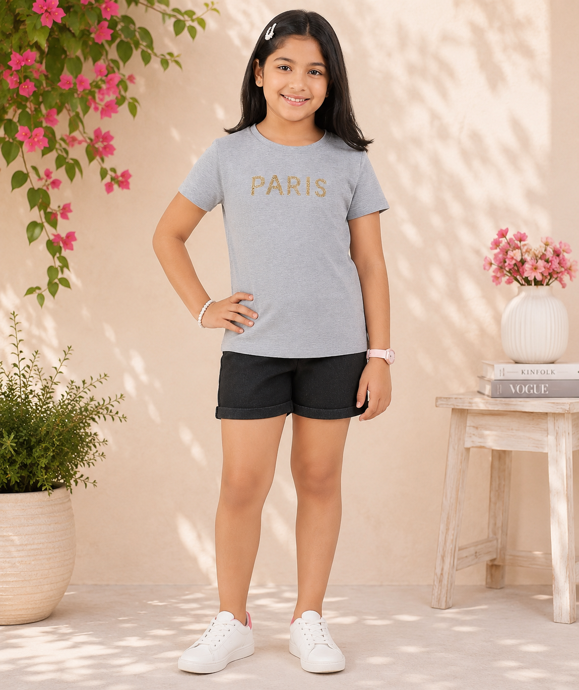 Girls Paris Glitter Print Casual Top