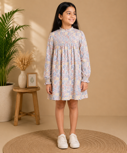 Girls Floral Smocked Sleeve Dress