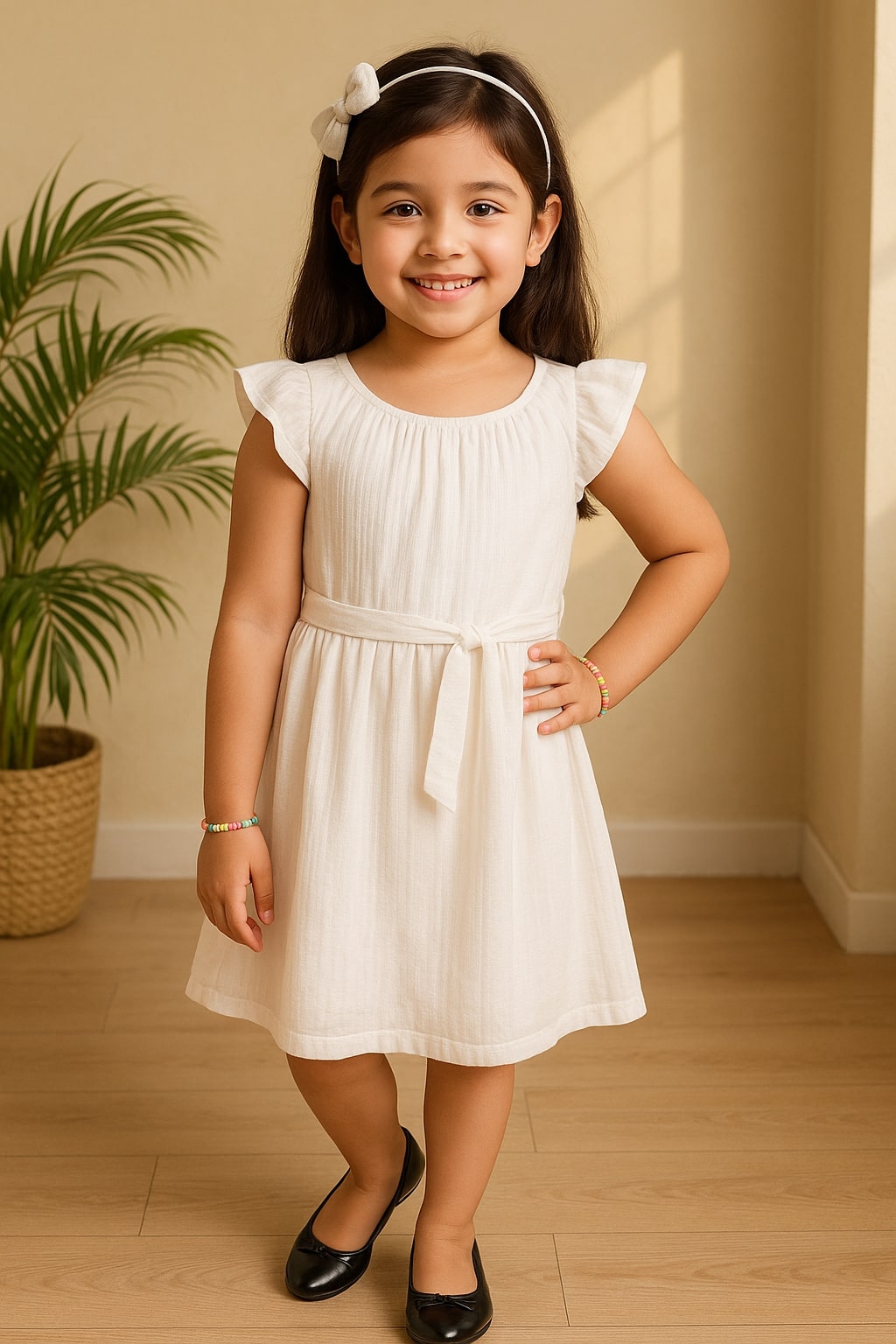 Girls White Flutter Sleeve Dress