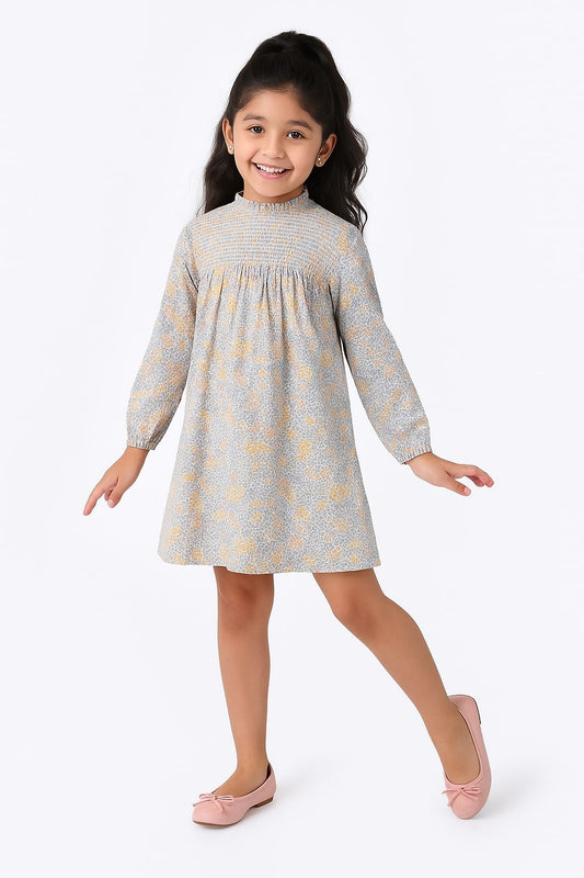 Girls Floral Smocked Sleeve Dress
