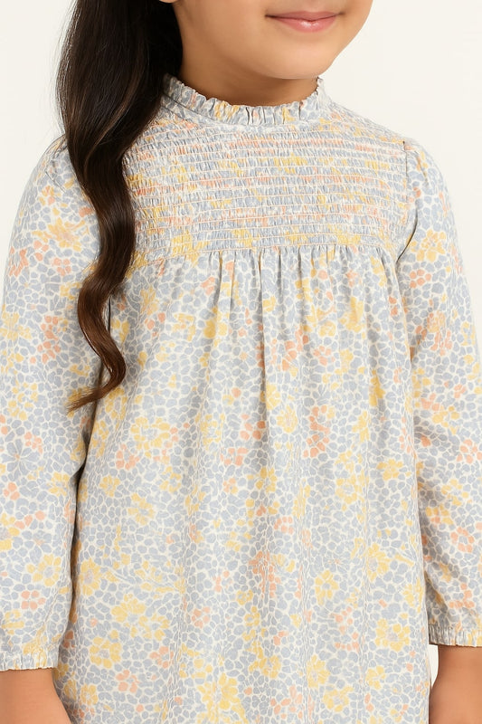 Girls Floral Smocked Sleeve Dress