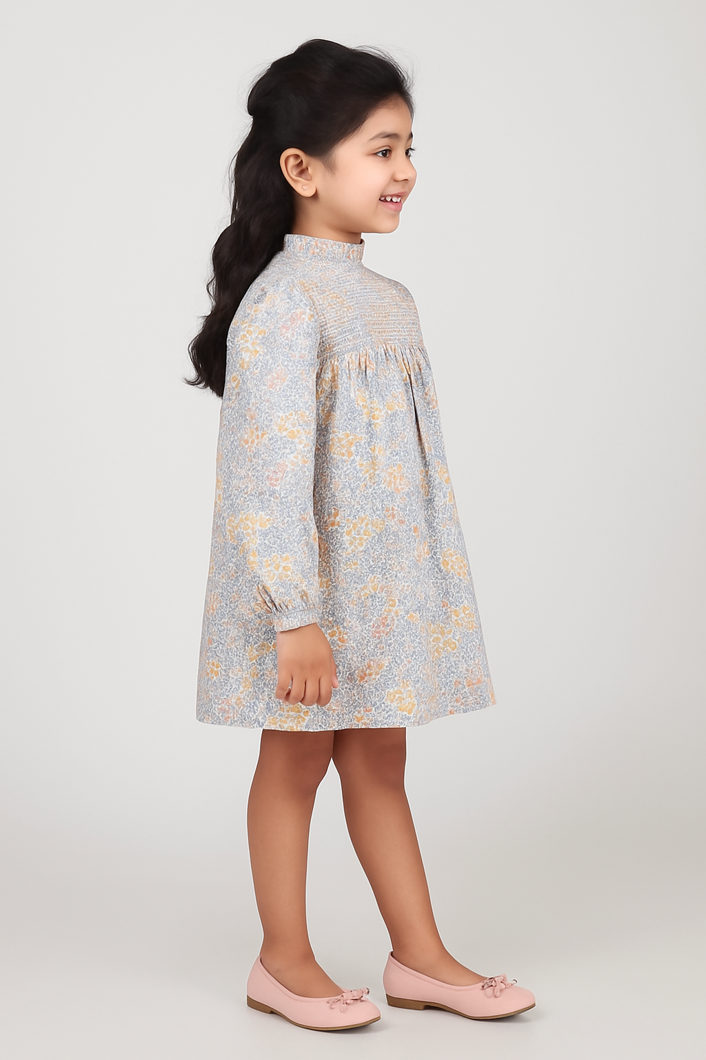 Girls Floral Smocked Sleeve Dress