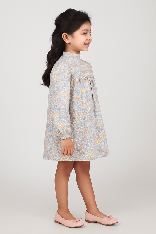 Girls Floral Smocked Sleeve Dress