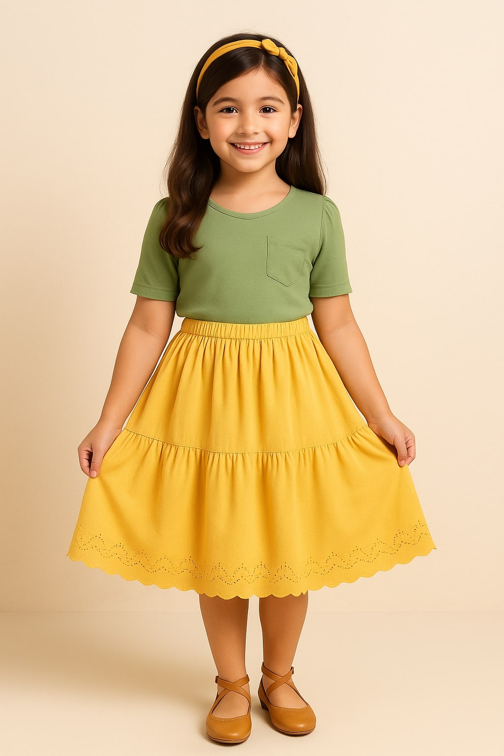 Girls Tiered Flared Skirt with Scallop Hem Detail