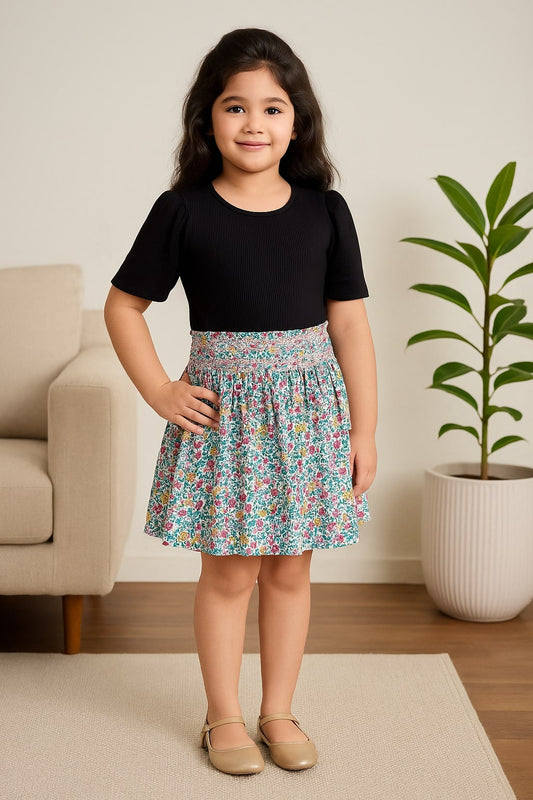 Girls Floral Printed Smocked Flared Mini Skirt