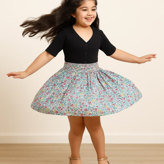 Girls Floral Printed Smocked Flared Mini Skirt