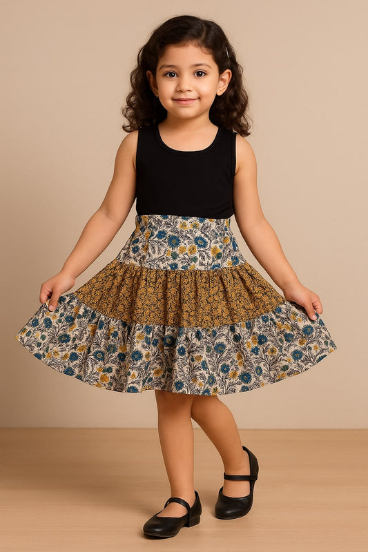 Girls Mixed Floral Printed Tiered Flared Mini Skirt