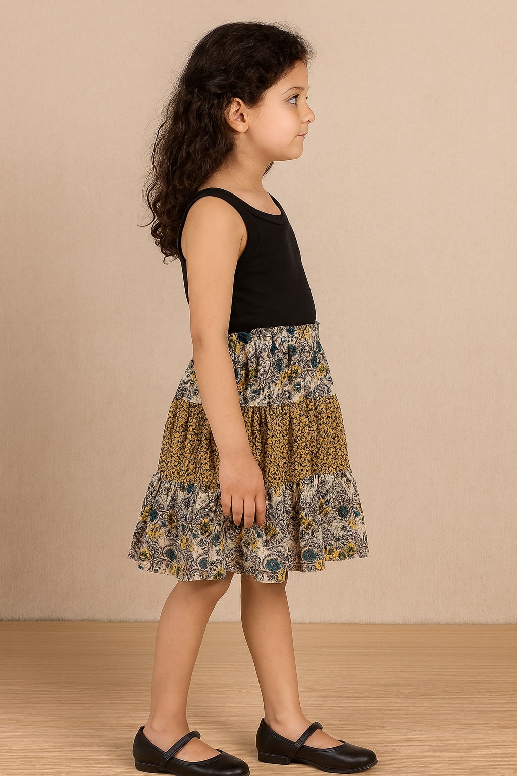 Girls Mixed Floral Printed Tiered Flared Mini Skirt