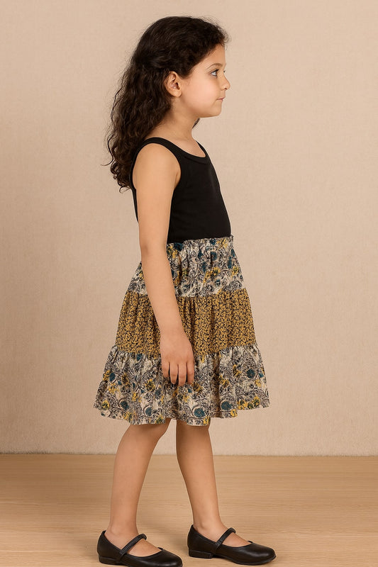 Girls Mixed Floral Printed Tiered Flared Mini Skirt