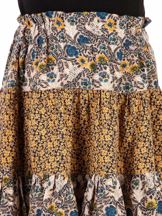 Girls Mixed Floral Printed Tiered Flared Mini Skirt