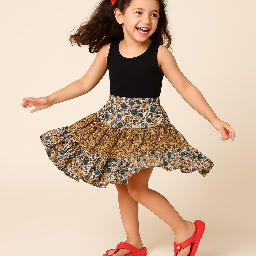 Girls Mixed Floral Printed Tiered Flared Mini Skirt