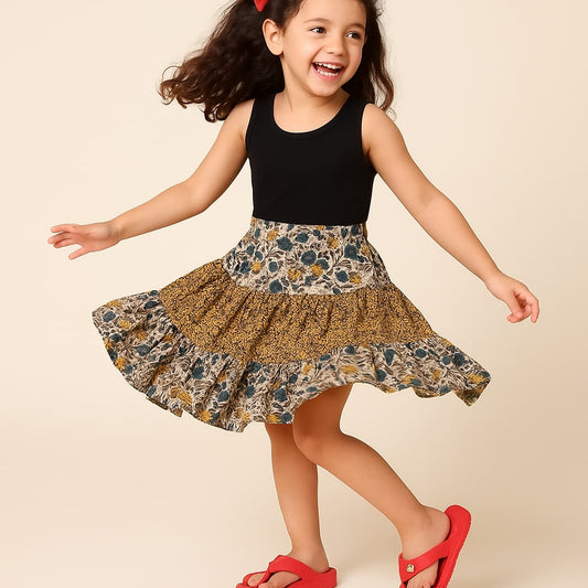 Girls Mixed Floral Printed Tiered Flared Mini Skirt