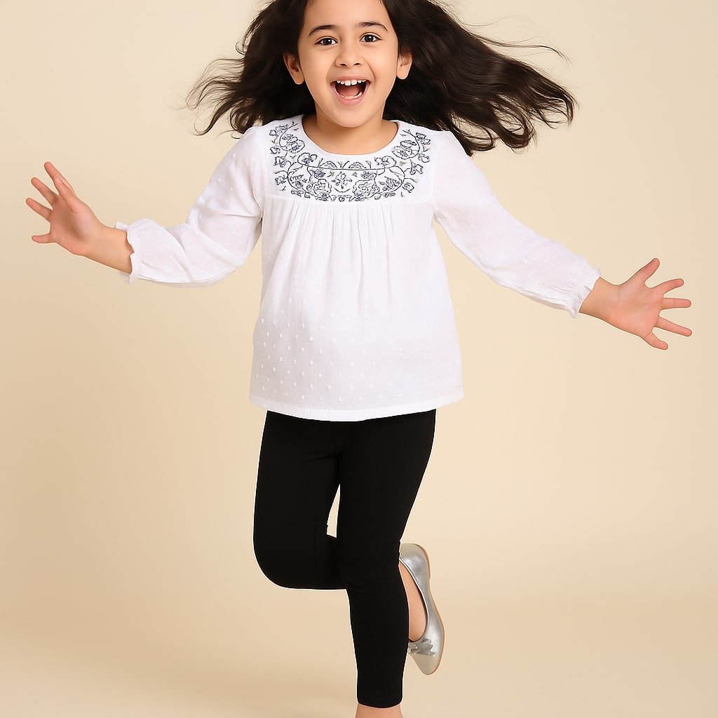 Girls White Embroidered Casual Top