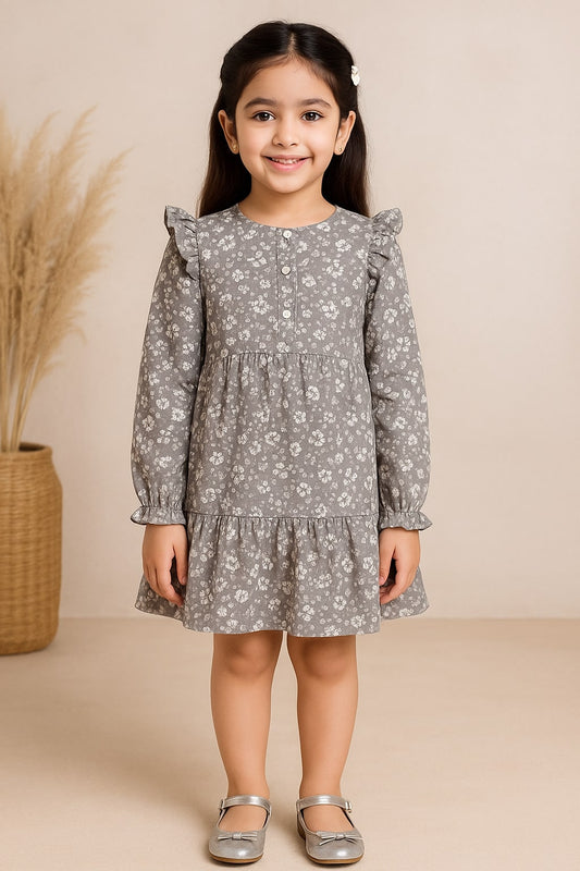 Girls Floral Print Ruffle Sleeve Dress
