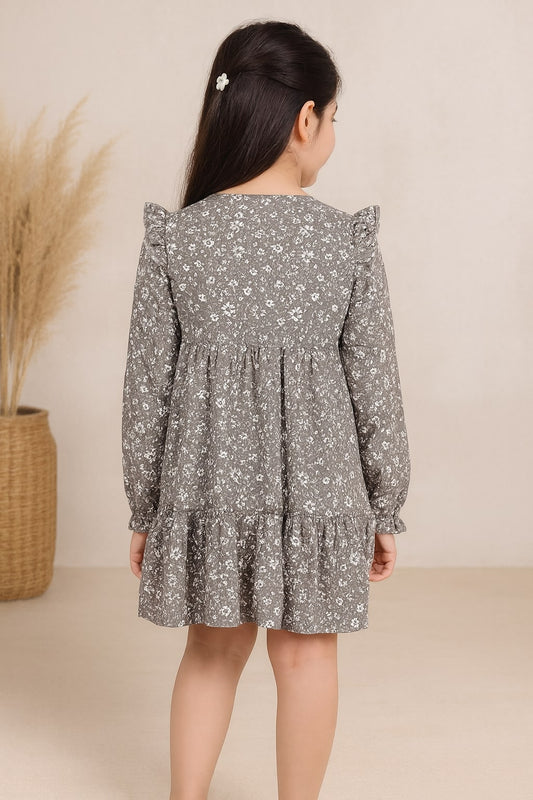 Girls Floral Print Ruffle Sleeve Dress