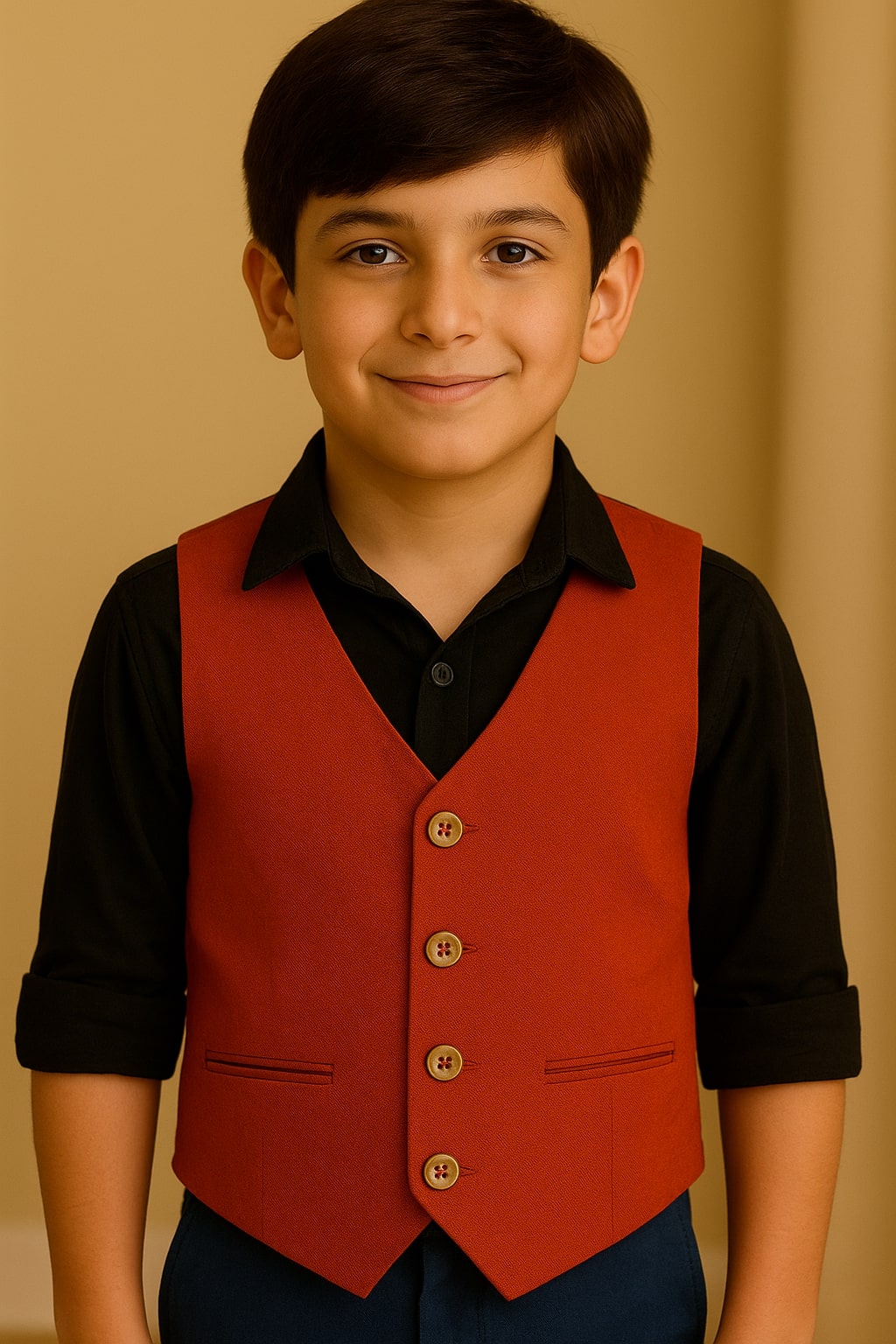 Boys Solid Red Casual Waistcoat