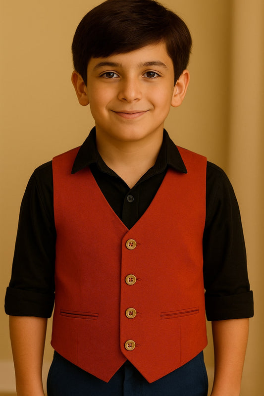 Boys Solid Red Casual Waistcoat