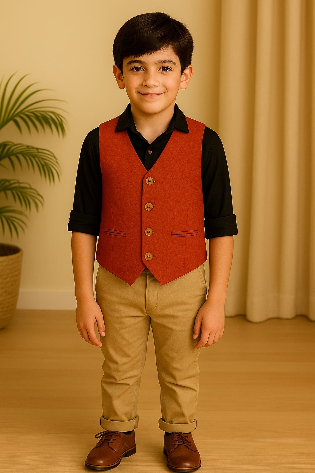 Boys Solid Red Casual Waistcoat