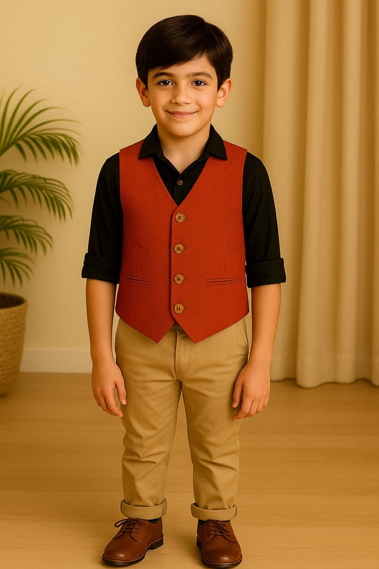 Boys Solid Red Casual Waistcoat