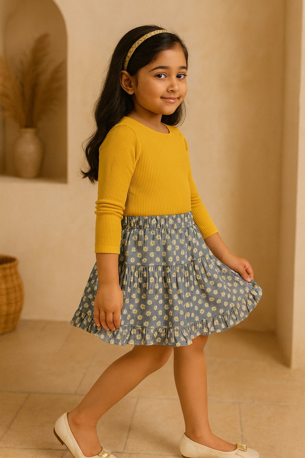 Girls Floral Printed Tiered Mini Skirt