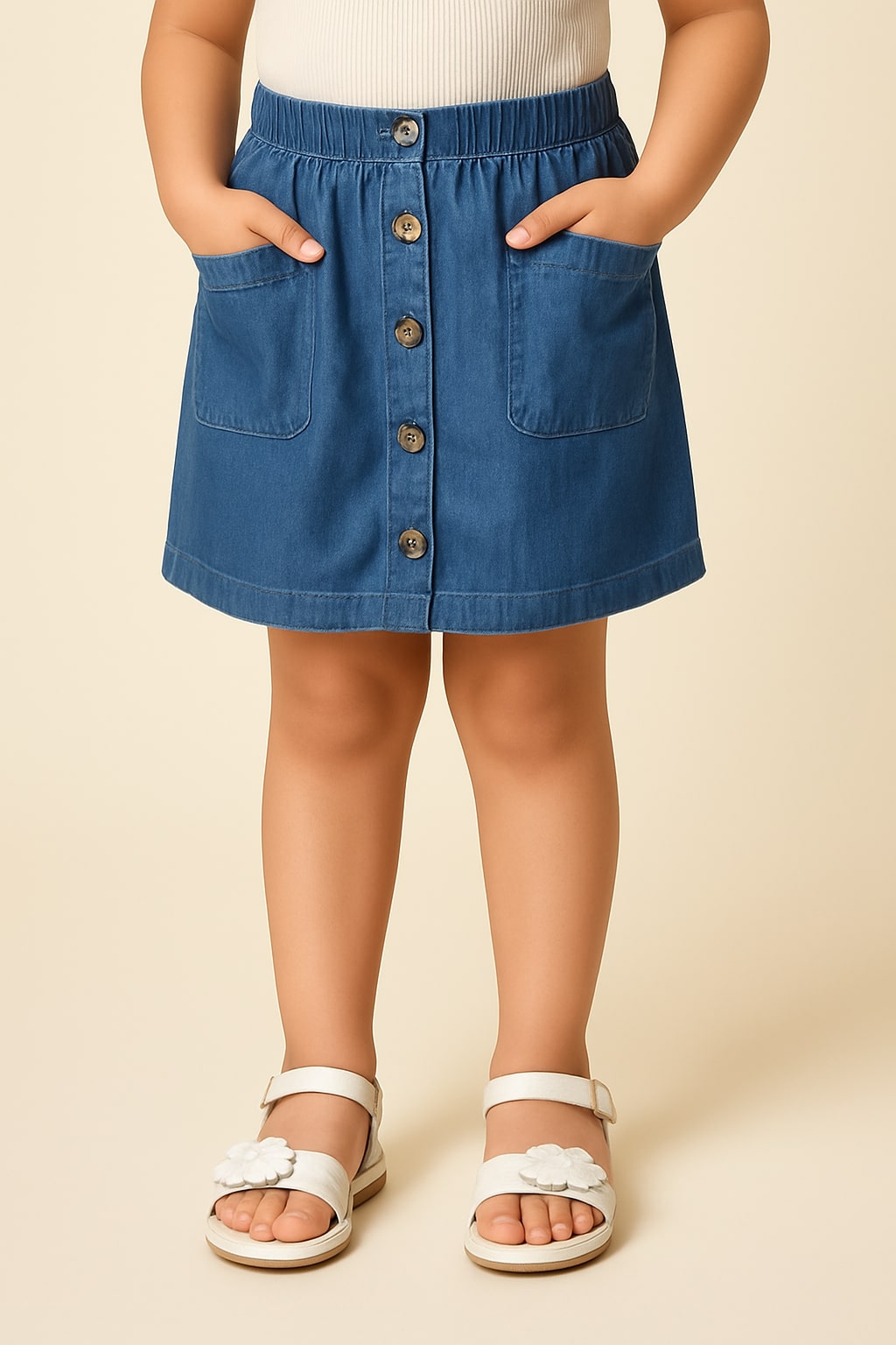 Girls Denim Mini Skirt with Button Detail & Pockets