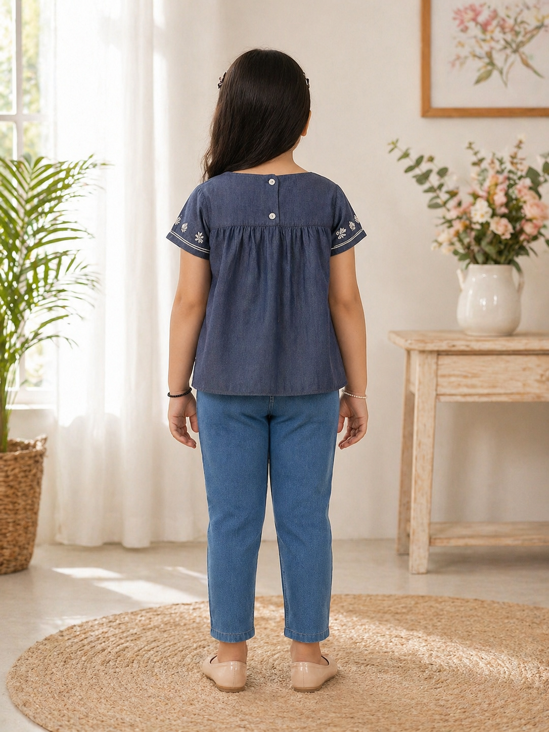 Girls Denim Look Embroidered Top
