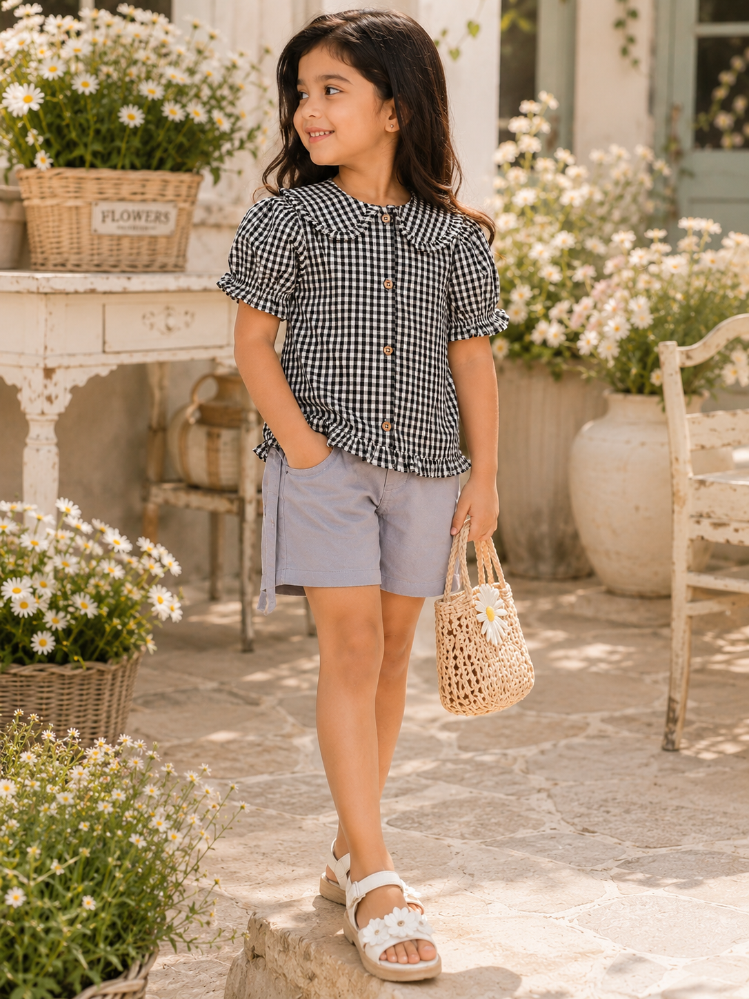 Girls Checked Collar Top