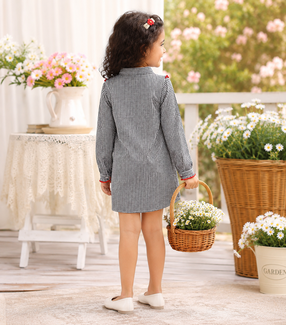 Girls Embroidered Check Dress