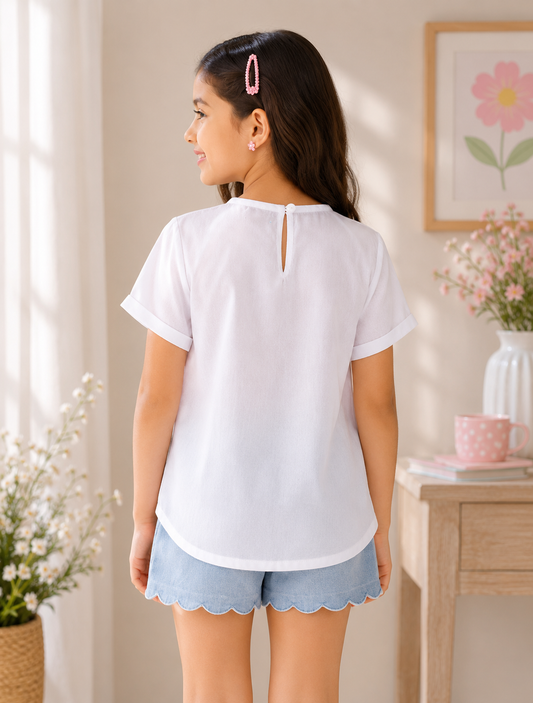 Girls White Embroidered Casual Top