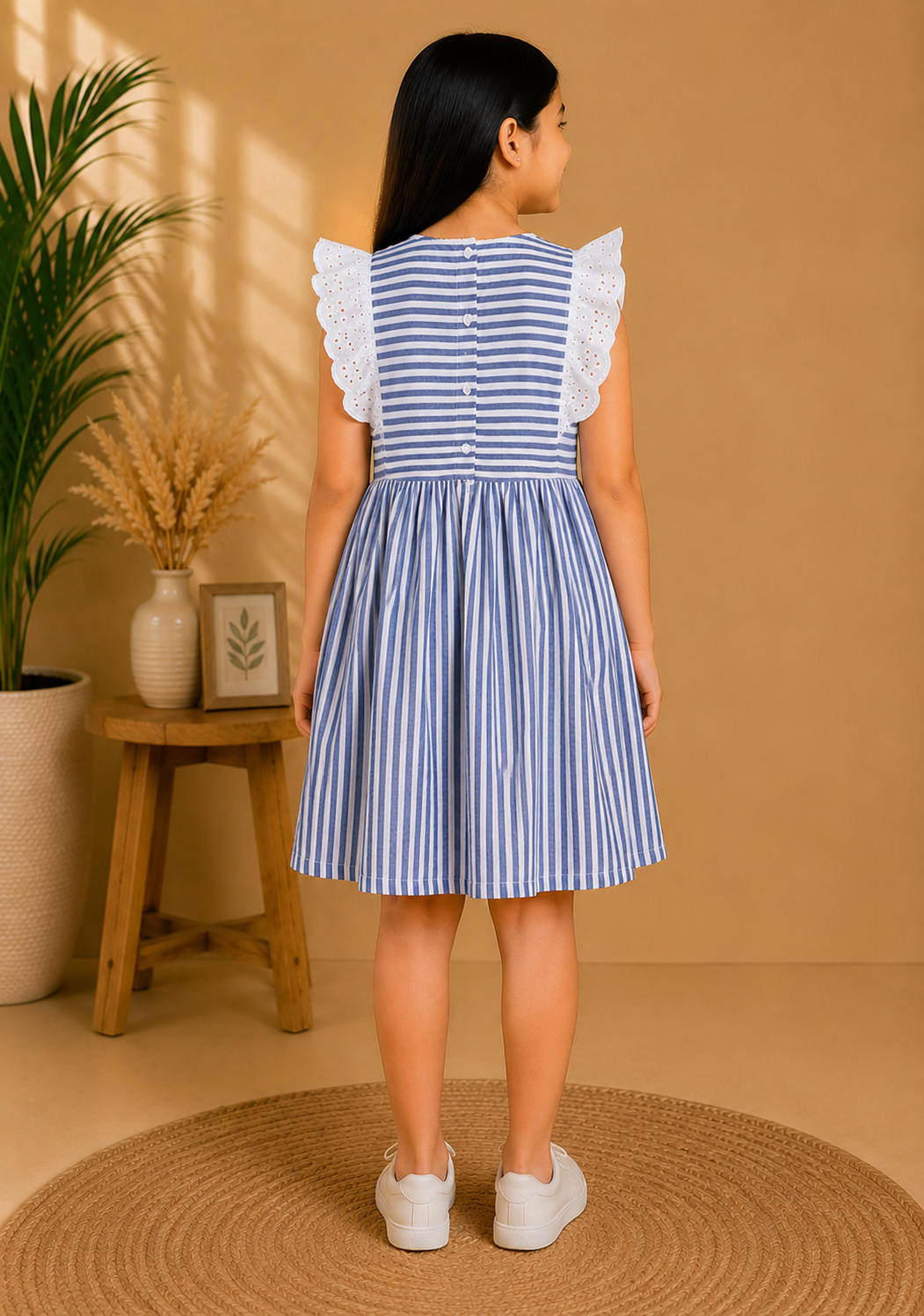 Girls Blue Striped Lace Sleeve Dress