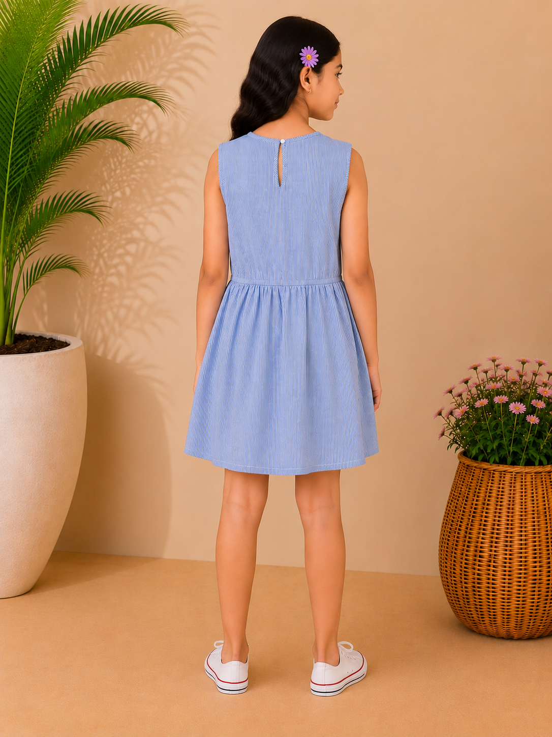 Girls Blue Striped Embroidered Dress