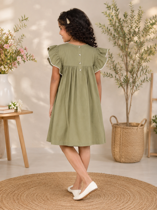 Girls Olive Green Embroidered Dress