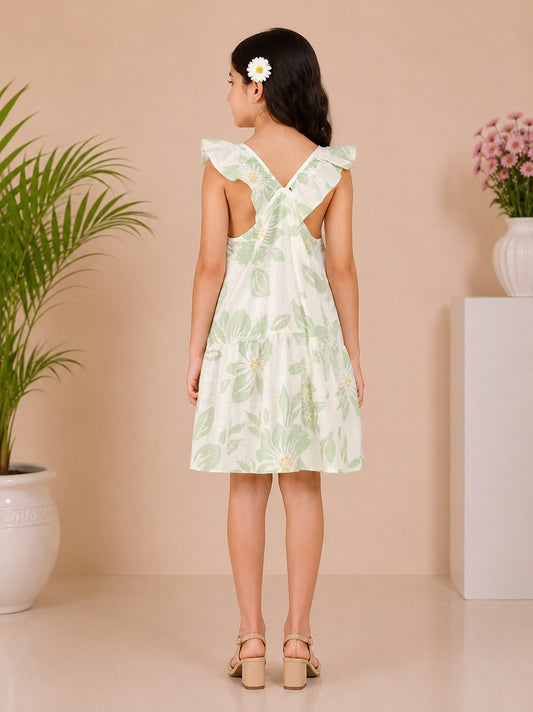 Girls Green Floral Printed Ruffle Neck Fit & Flare Dress