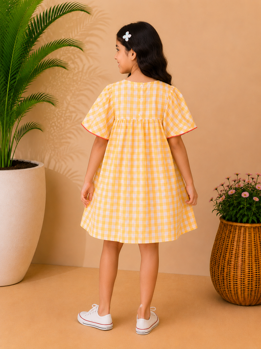 Girls Yellow Checked Embroidered Dress