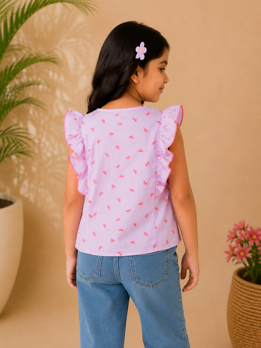 Girls Pink Printed Tie-Up Casual Top