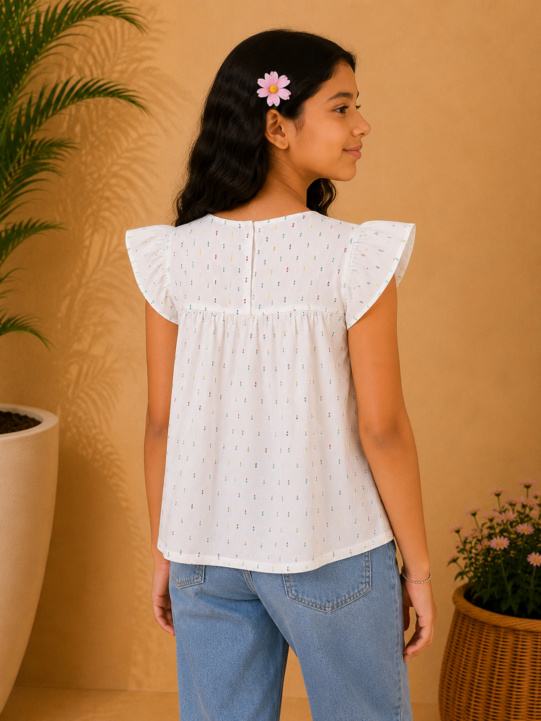 Girls Floral Embroidered Flutter Sleeve Top