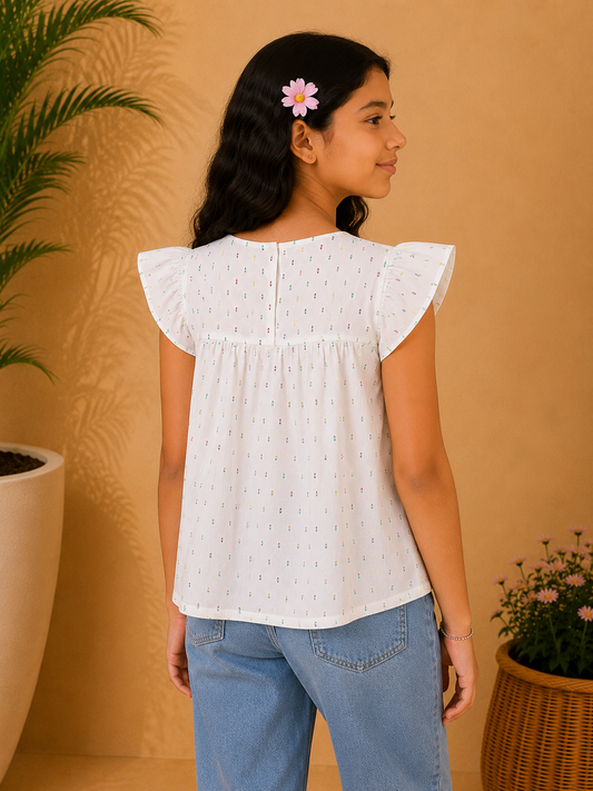 Girls Floral Embroidered Flutter Sleeve Top
