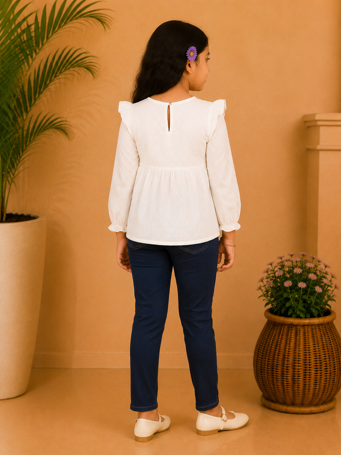 Girls White Embroidered Full Sleeve Top