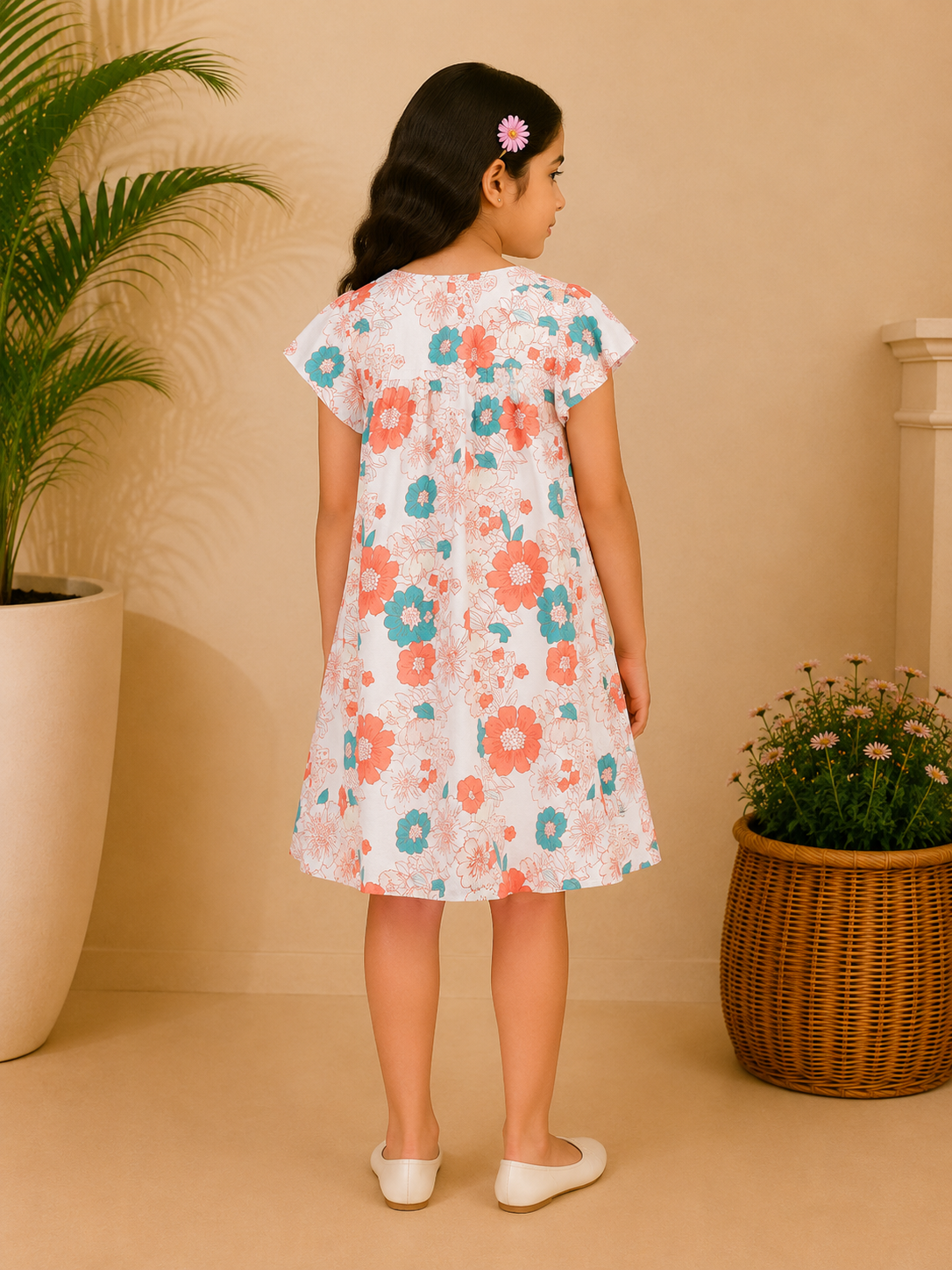 Girls Peach Floral Printed Dress