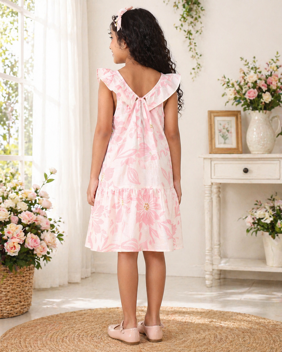 Girls Pink Floral Printed Ruffle Neck Fit & Flare Dress