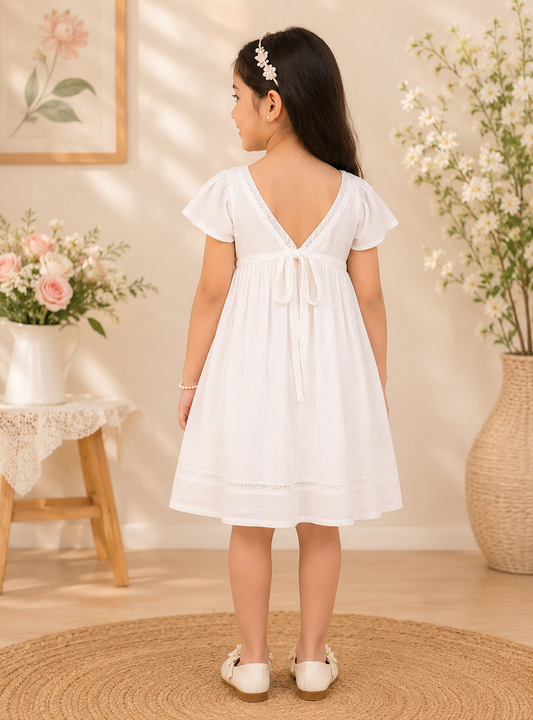 Girls White Solid Fit & Flare Dress with Lace Detail