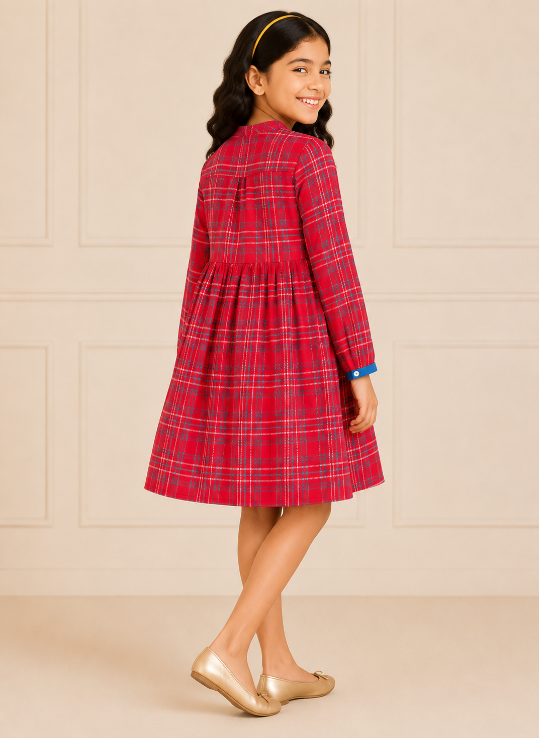 Girls Pink Checked Fit & Flare Dress