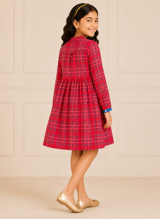Girls Pink Checked Fit & Flare Dress