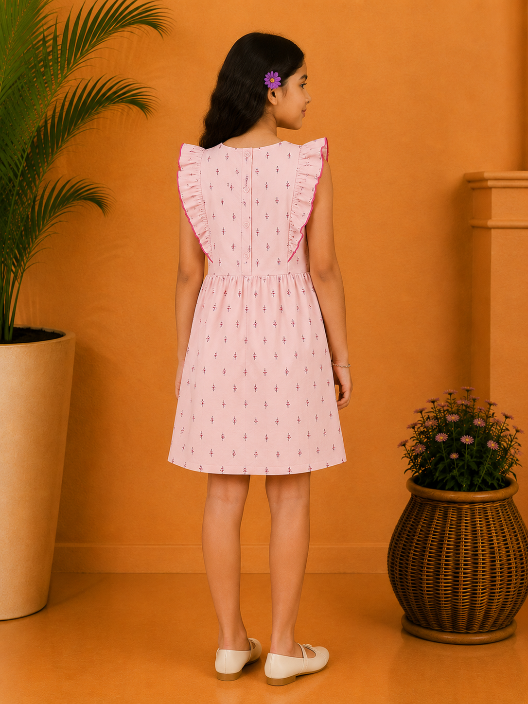 Girls Printed Ruffle Sleeve Dress