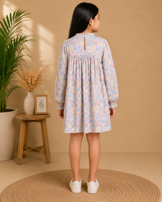 Girls Floral Smocked Sleeve Dress
