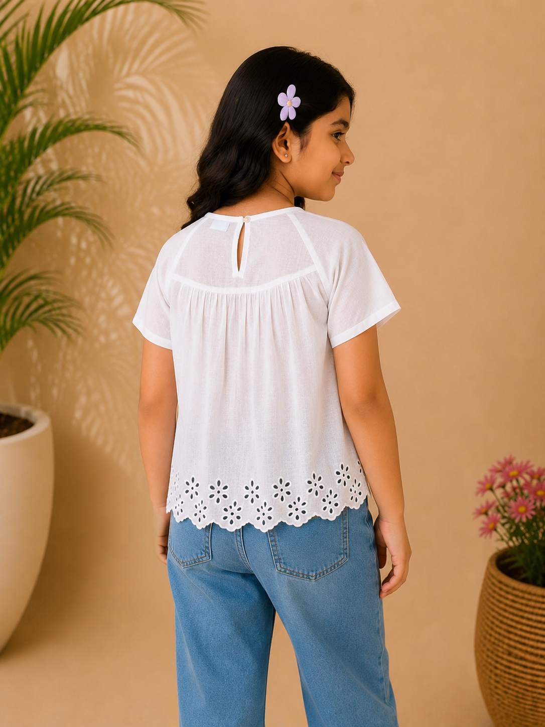 Girls White Embroidered Casual Top