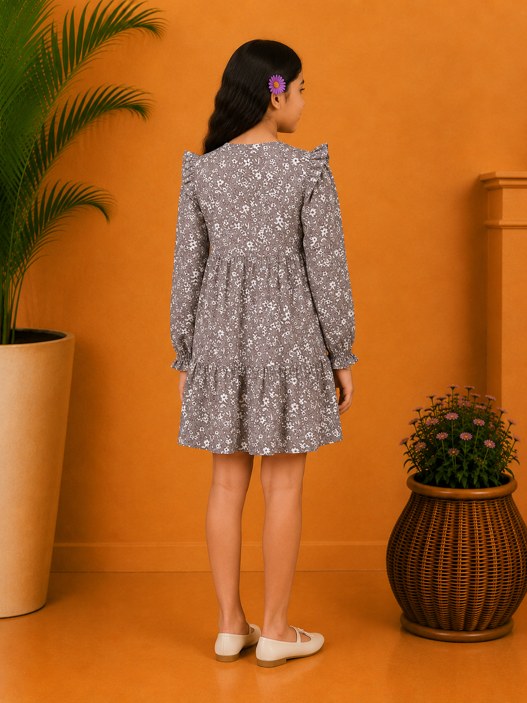 Girls Floral Print Ruffle Sleeve Dress