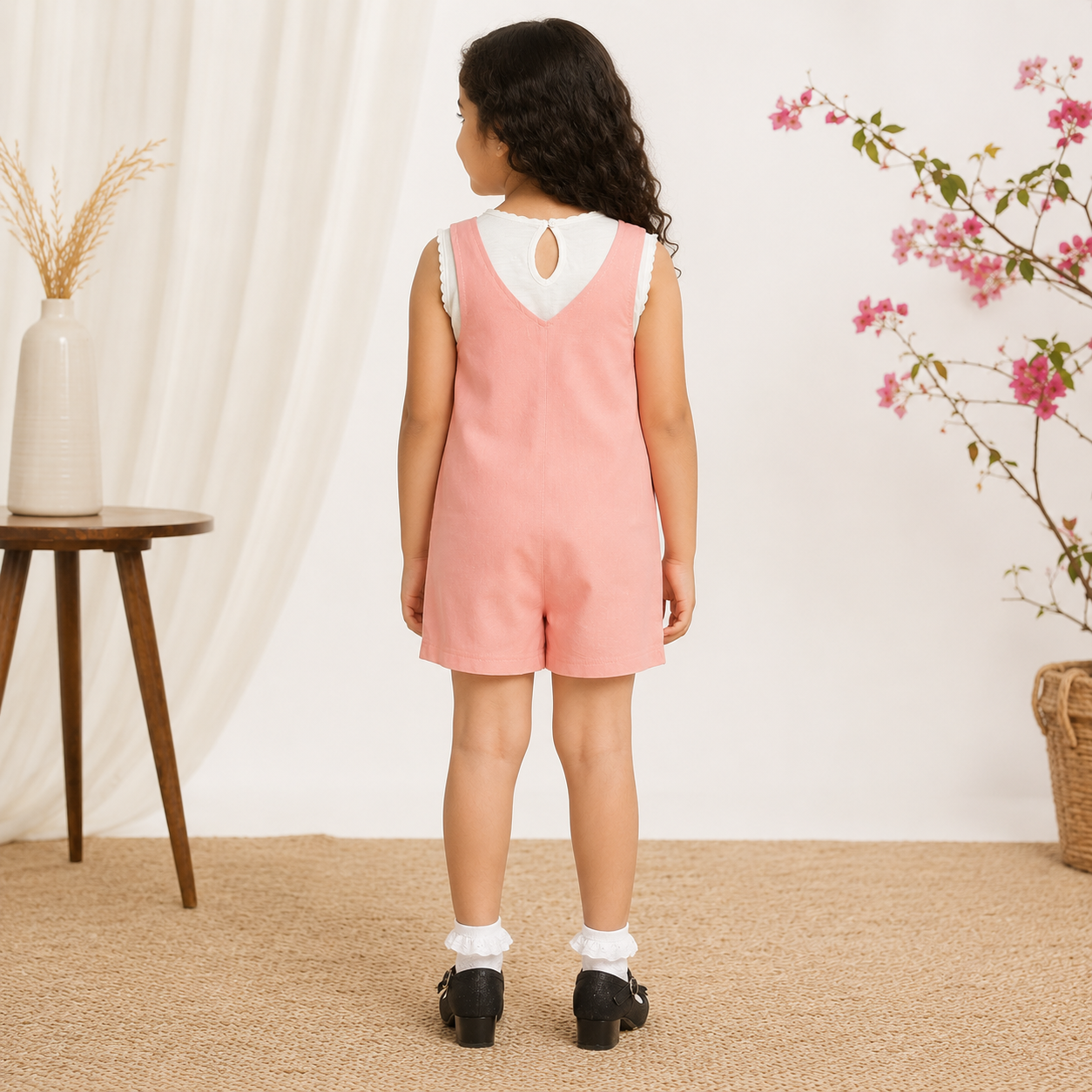 Girls Pink Sleeveless Romper Co-Ord Set