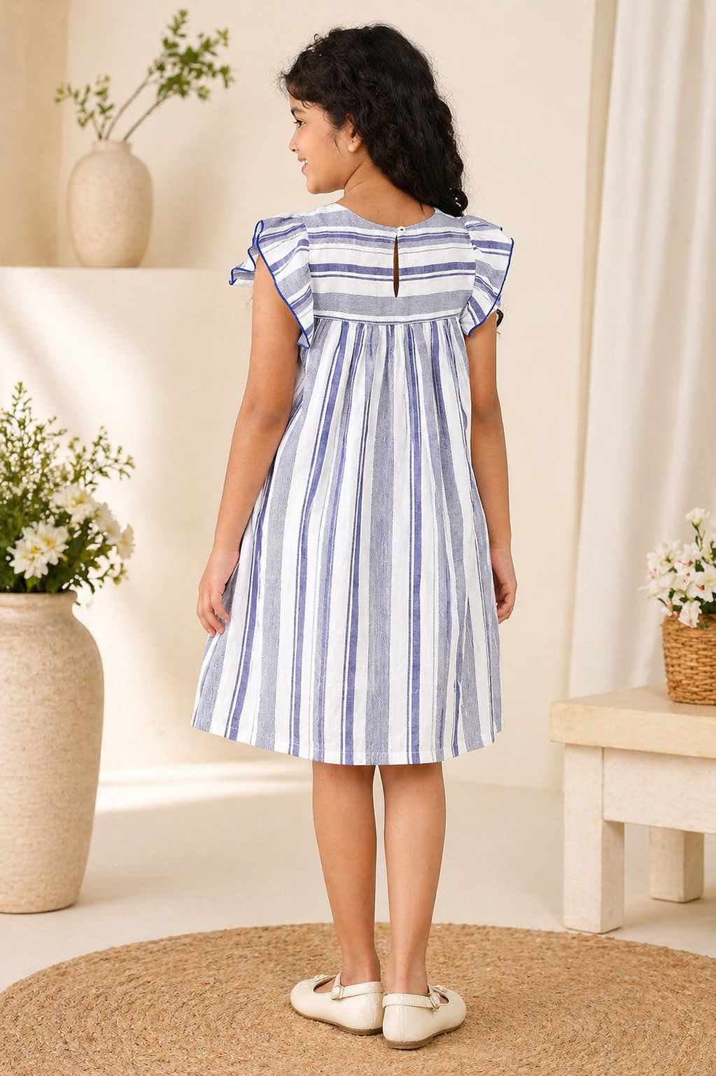Girls Blue Striped Embroidered Dress
